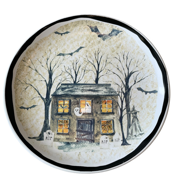 Potter's Studio Halloween HAUNTED HOUSE Dinner Plates 11in Ceramic Set of 4 NEW - Picture 1 of 11